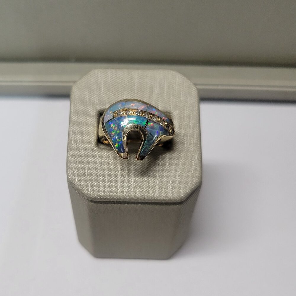 Hanta Bear Shaped Ring, Opal Inlaid w/Melee Diamonds-14kt Yellow Gold, Size 6.5